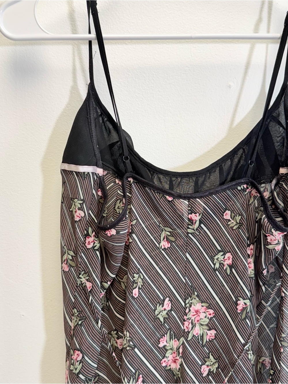 VTG Y2K Black Pink Floral Stripe Sheer Mini Slip Dress Large Coquette Bow - Picture 9 of 9